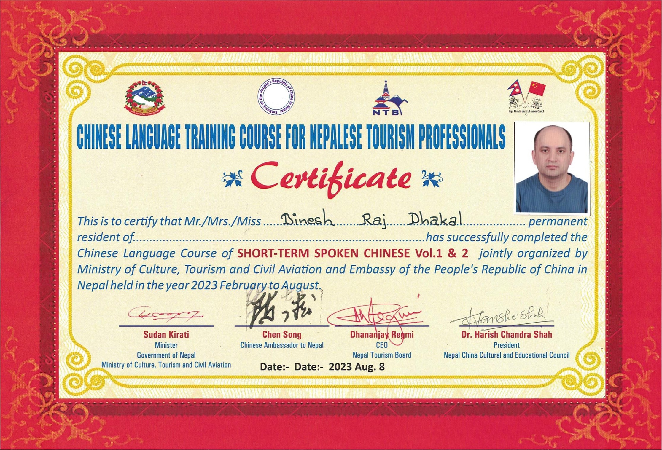 Chinese Language Training issued by Nepal Tourism Board and Nepal China Cultural and Educational Center